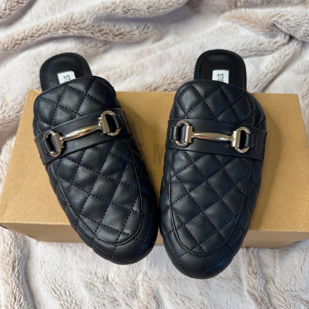 Steve Madden Black Quilted Mules with Gold Buckle
